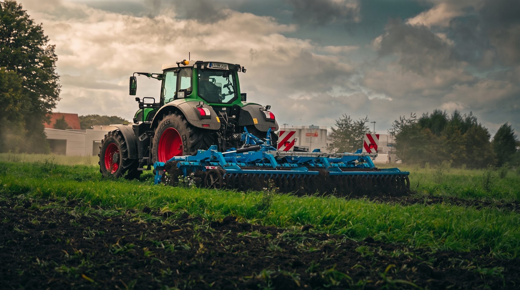 Fendt-Traktor mit Arbeitsgerät auf einer Grünfläche