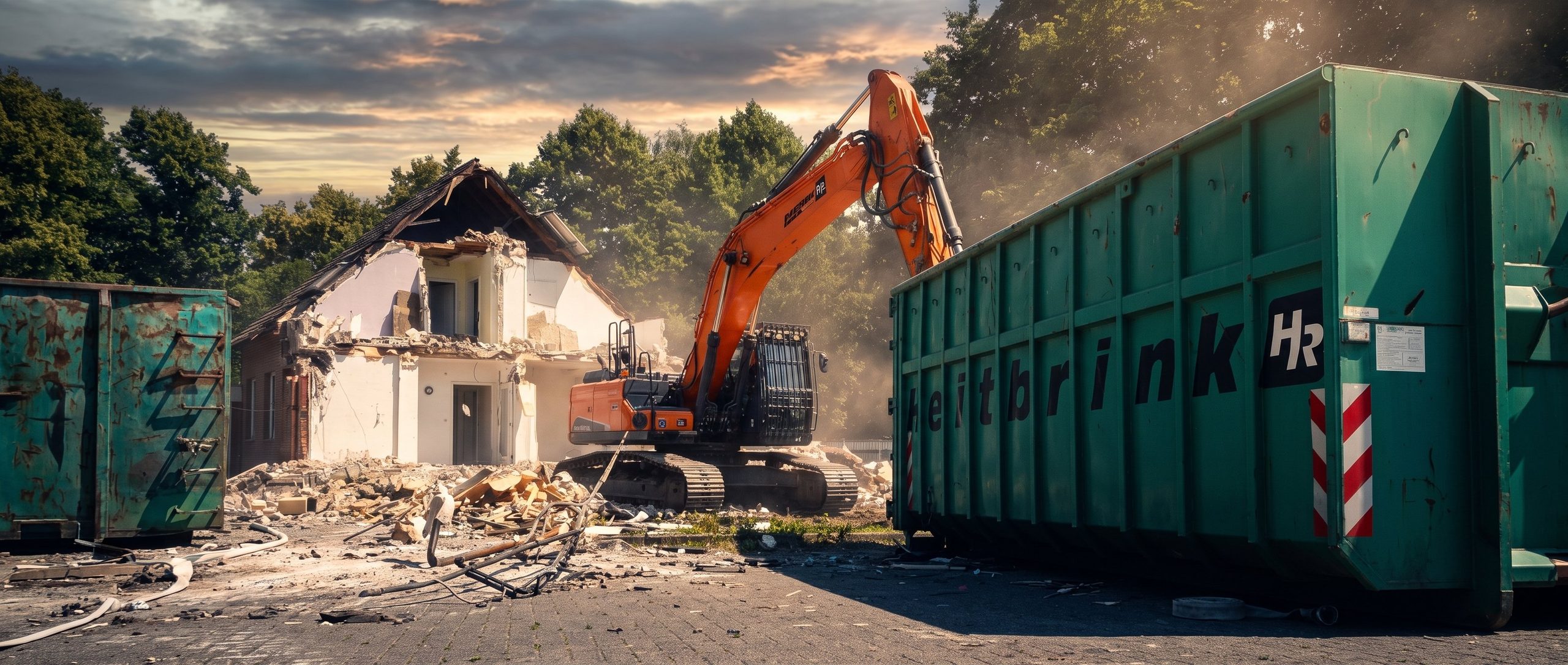 Abbruchstelle mit Bagger und Heitbrink-Containern