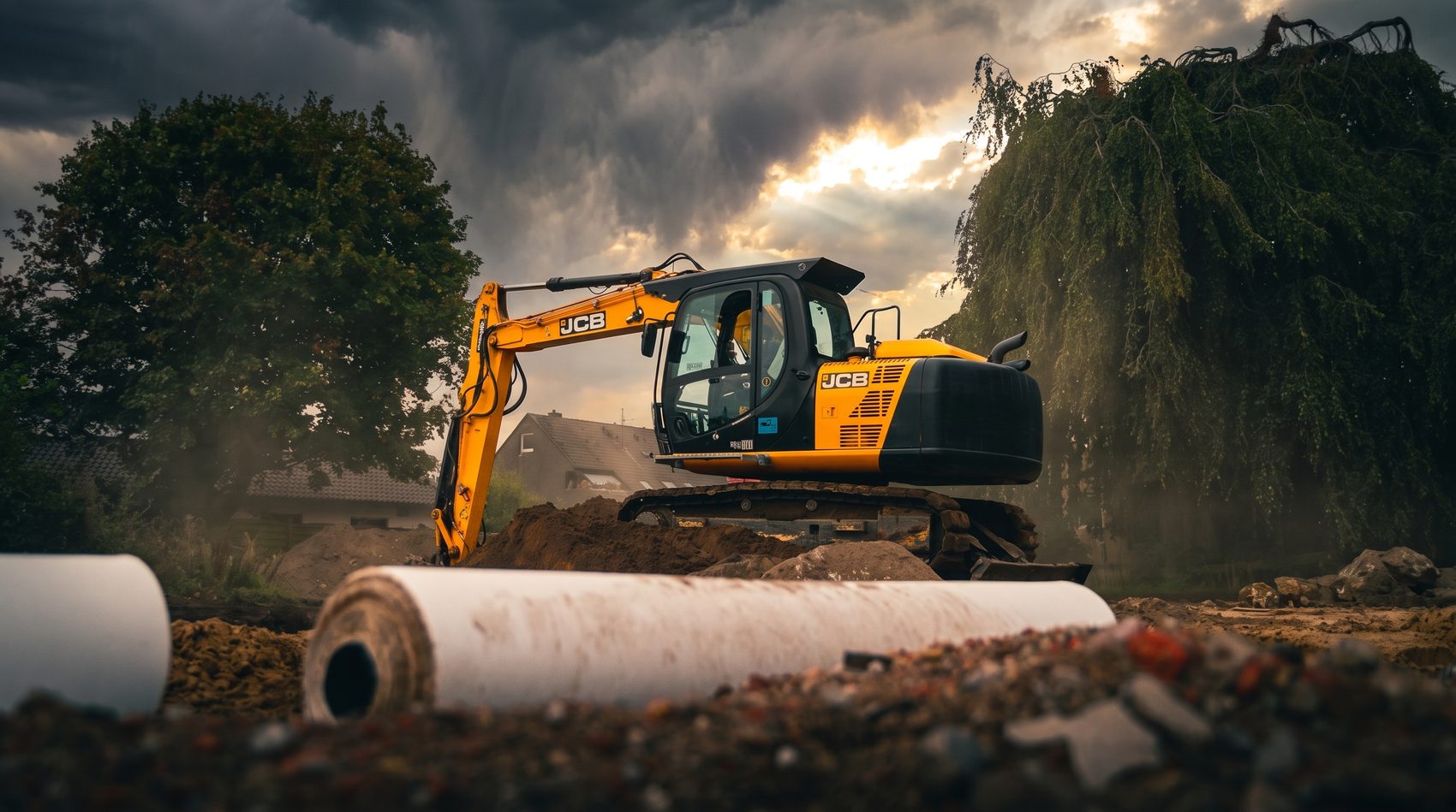 JCB-Kettenbagger auf einer Tiefbaustelle neben Betonrohren